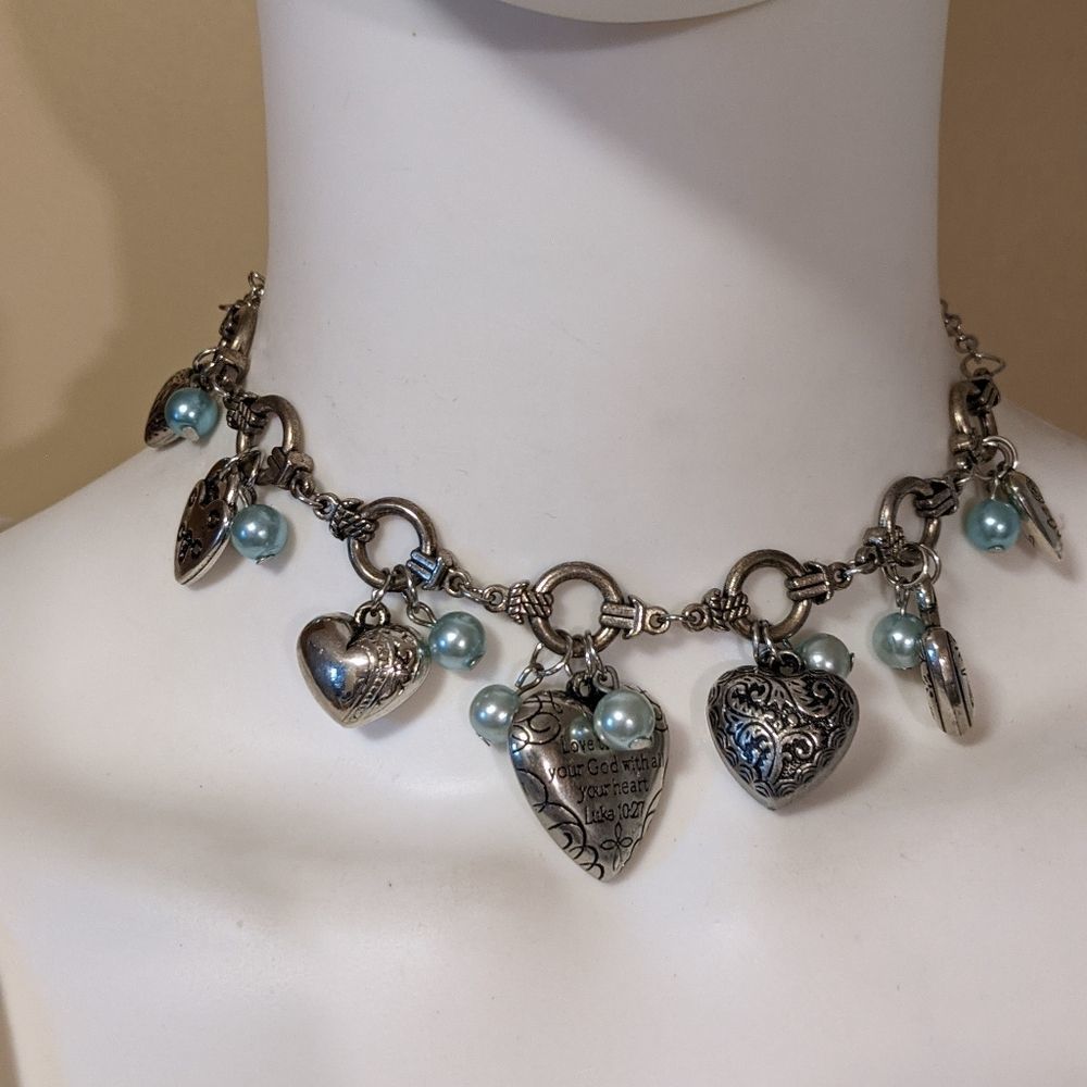 Silvertone hearts & baby blue beads necklace